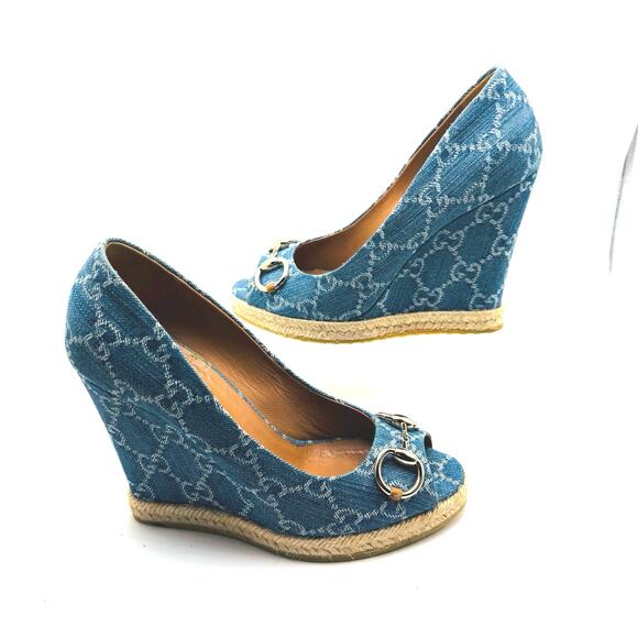 GUCCI CLASSIC BLUE DENIM MONOGRAM HORSEBIT ESPADRILLE WEDGES 37 - Picture 15 of 15